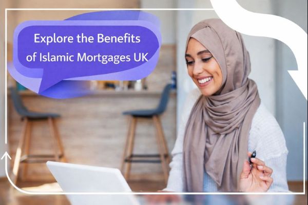 Explore the Benefits of Islamic Mortgages UK graphic showing a smiling woman wearing a hijab using a laptop in a modern home setting, with a unique dark blue and light blue speech bubble containing Open Sans text “Explore the Benefits of Islamic Mortgages UK”.