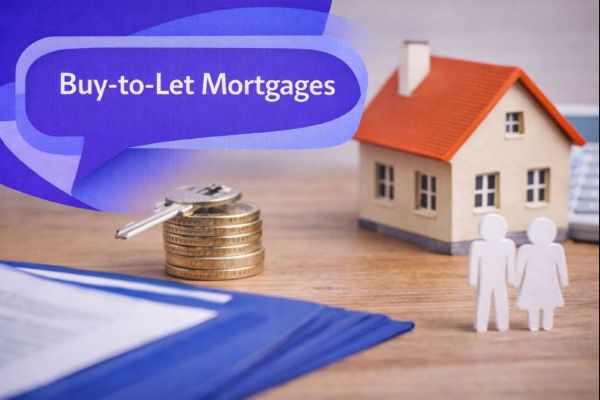 Buy-to-Let Mortgages graphic showing a model house on a desk with stacked coins and a key, alongside cut-out figures representing tenants or investors, and a unique dark blue and light blue speech bubble containing Open Sans text “Buy-to-Let Mortgages”.