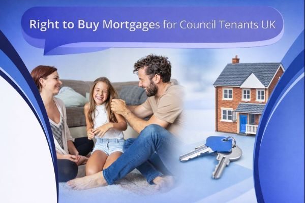 Blue branded graphic with a large speech bubble reading “Right to Buy Mortgages for Council Tenants UK”. Below, a family sit on the floor at home laughing together. On the right, a small house model and a set of keys suggest buying a home. Curved blue design elements frame the edges on a white background.