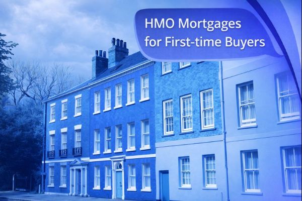 “Row of traditional UK terraced townhouses adapted to Connect Mortgages branding colours, with a curved branded graphic overlay on the right and a speech-bubble title reading ‘HMO Mortgages for First-time Buyers’.”