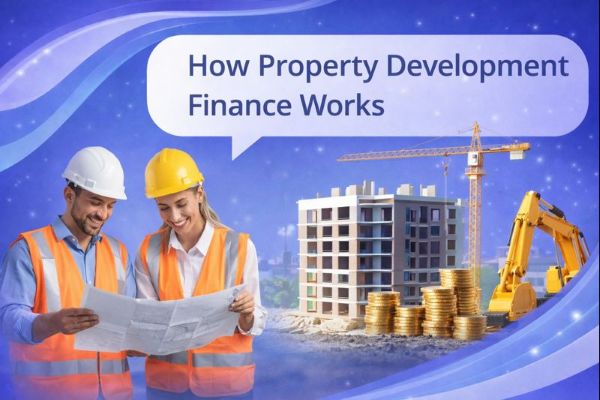 Banner graphic in dark blue and light blue branding colours showing two construction professionals in hard hats reviewing blueprints on the left, a crane, new-build apartment block, excavator, and stacks of coins on the right, with a unique speech bubble in Open Sans reading “How Property Development Finance Works”.
