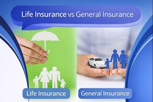 Blue branded comparison graphic with a speech bubble title reading “Life Insurance vs General Insurance”. Left side shows a hand holding an umbrella above a white family silhouette on a green background, labelled “Life Insurance”. Right side shows hands holding a small white car and blue family figures on a light background, labelled “General Insurance”. Curved blue accents frame the edges.