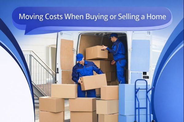 Blue branded graphic with a large speech bubble reading “Moving Costs When Buying or Selling a Home”. Below, two movers in blue uniforms unload cardboard boxes from a white van outside a residential building, with stacks of boxes in the foreground. Curved blue design elements frame the edges on a white background.