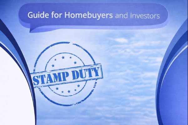 Blue branded graphic with a dark blue speech bubble reading “Guide for Homebuyers and Investors”. Below, a blue “Stamp Duty” circular stamp graphic appears on a light blue background. Curved blue design elements frame the edges on a white background.