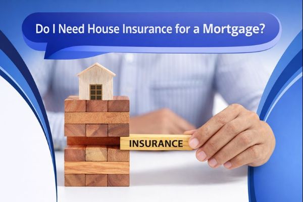 Blue branded graphic with a speech bubble reading “Do I Need House Insurance for a Mortgage?”. Below, a wooden block tower topped with a small house is shown while a hand pulls out a block labelled “Insurance”. Curved blue design elements frame the image on a white background.