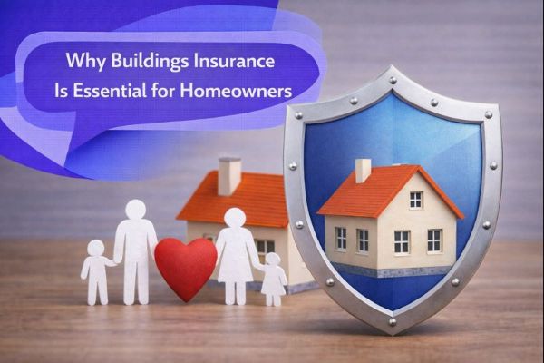 Why Buildings Insurance Is Essential for Homeowners graphic showing a house and paper family figures with a heart on a tabletop, protected by a large shield icon, with a unique dark blue and light blue speech bubble containing Open Sans text “Why Buildings Insurance Is Essential for Homeowners”.