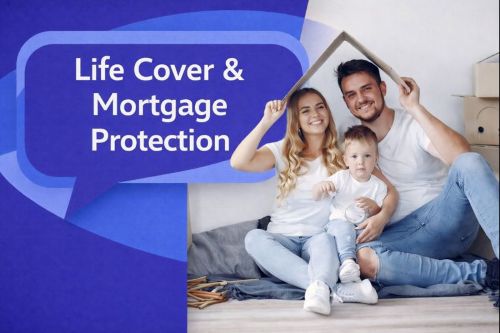 Life Cover and Mortgage Protection graphic showing a family sitting together with moving boxes, forming a house shape above their heads, alongside a unique dark blue and light blue speech bubble with Open Sans text “Life Cover & Mortgage Protection