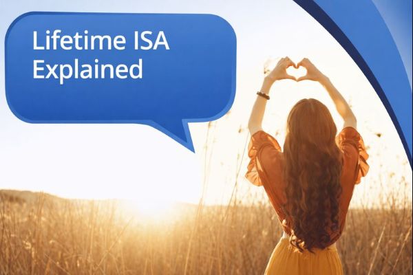 A woman stands in a sunlit field with long hair, raising her arms to form a heart shape with her hands. A blue speech bubble contains the title “Lifetime ISA Explained” in Open Sans, using Connect Mortgages’ branded blue colours on a clean white background with curved blue accents on the right.
