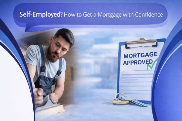 Blue branded graphic with a dark blue speech bubble reading “Self-Employed? How to Get a Mortgage with Confidence”. On the left, a self-employed tradesperson works in a workshop using a hand tool on a piece of wood. On the right, a clipboard reads “Mortgage Approved” with a green tick, with house keys placed in front. Curved blue design elements frame the edges on a white background.