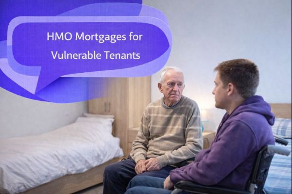 HMO Mortgages for Vulnerable Tenants graphic showing two people seated in a shared living space, one elderly man and one younger man using a wheelchair, engaged in conversation, with a unique dark blue and light blue speech bubble containing Open Sans text “HMO Mortgages for Vulnerable Tenants”.