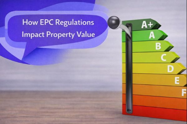How EPC Regulations Impact Property Value graphic showing an energy efficiency rating scale from A+ to G, with a unique dark blue and light blue speech bubble containing Open Sans text “How EPC Regulations Impact Property Value”.