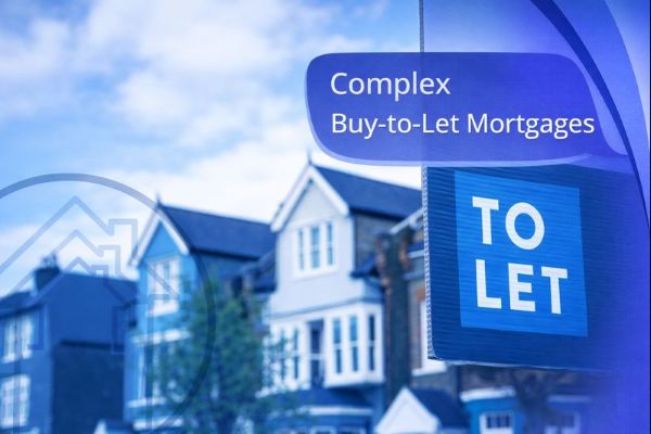 A blue “To Let” estate agent sign in the foreground with residential houses blurred in the background, styled in Connect Mortgages’ branded colours to represent complex buy-to-let mortgages.