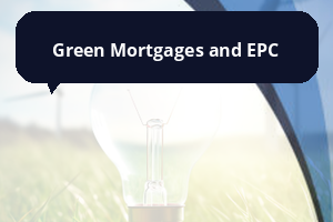 A branded graphic showing a clear blue sky above green grass with a light bulb in the foreground and wind turbines in the background. A dark blue speech bubble at the top reads “Green Mortgages and EPC”, with curved blue corner accents.