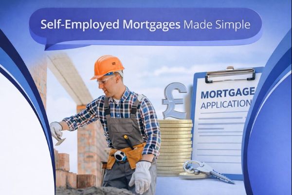 Blue branded graphic with a dark blue speech bubble reading “Self-Employed Mortgages Made Simple”. Below, a construction worker in an orange hard hat builds a brick wall. On the right, a pound symbol sits on stacked coins beside a clipboard labelled “Mortgage Application” and a set of keys. Curved blue design elements frame the edges on a white background.