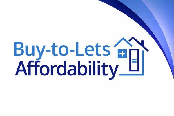 A wide 600×300 graphic with a white background and Connect Mortgages-style blue swoosh curves in the top-right corner. Large Open Sans text reads “Buy-to-Lets” in light blue above “Affordability” in dark blue, alongside a simple blue house outline icon featuring a plus sign and a door.