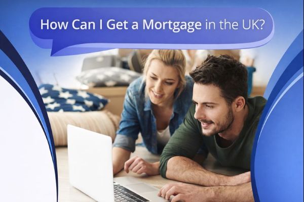 Blue branded graphic with a large speech bubble reading “How Can I Get a Mortgage in the UK?”. Below, a smiling couple lie on the floor using a laptop in a cosy living room. Curved blue design elements frame the edges on a white background.
