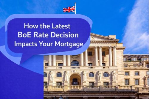 How the Latest BoE Rate Decision Impacts Your Mortgage graphic showing the Bank of England building with the Union Jack flying above, and a unique dark blue and light blue speech bubble containing Open Sans text “How the Latest BoE Rate Decision Impacts Your Mortgage”.