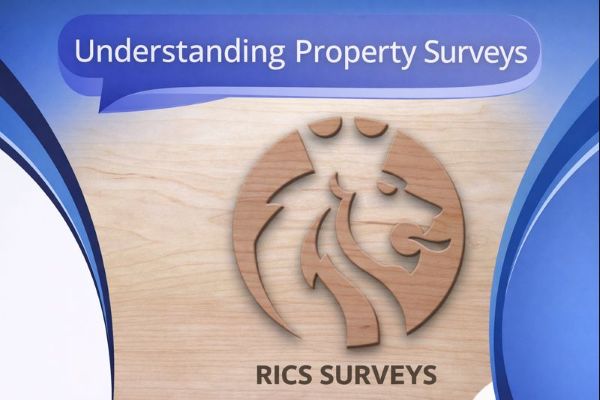 Blue branded graphic with a large speech bubble reading “Understanding Property Surveys”. Below, a wooden-texture background features a carved lion emblem associated with RICS, with the words “RICS SURVEYS” shown near the bottom. Curved blue design elements frame the edges on a white background.