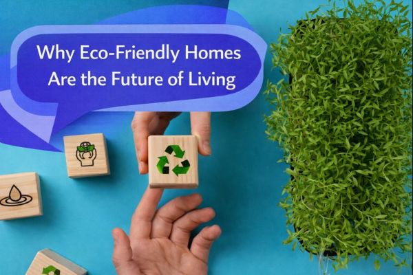 Why Eco-Friendly Homes Are the Future of Living graphic showing hands holding a wooden block with a recycling symbol on a teal background, alongside green plants, with a unique dark blue and light blue speech bubble containing Open Sans text “Why Eco-Friendly Homes Are the Future of Living”.