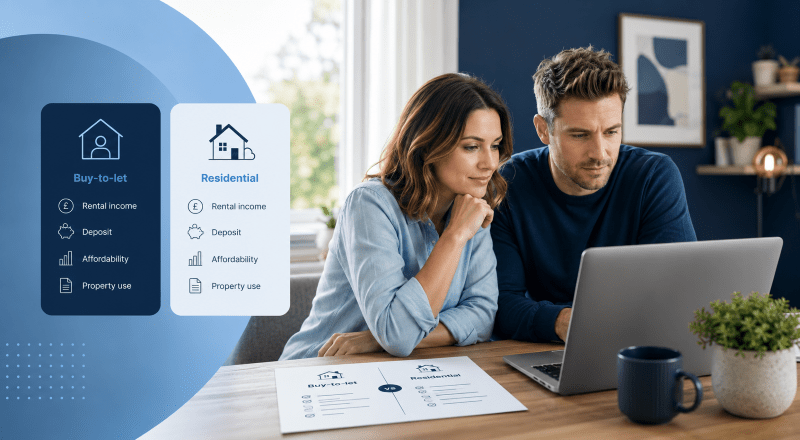 Buy-to-Let vs Residential Mortgages comparison with a couple reviewing mortgage options on a laptop