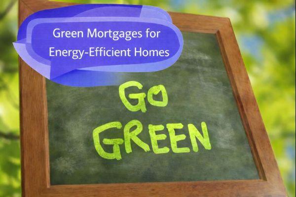 Green Mortgages for Energy-Efficient Homes graphic showing a wooden-framed chalkboard with the words “GO GREEN” written in green chalk, set against a leafy natural background, alongside a unique dark blue and light blue speech bubble containing Open Sans text “Green Mortgages for Energy-Efficient Homes”.