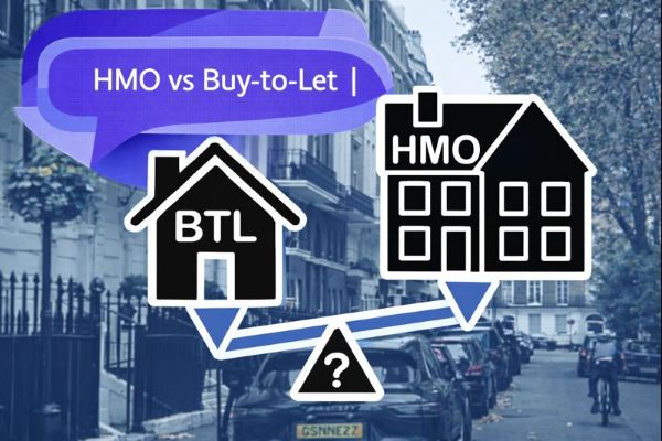 HMO vs Buy-to-Let graphic showing a blurred UK street background with two black property icons labelled BTL and HMO balanced on a seesaw over a question mark, plus a unique dark blue and light blue speech bubble containing Open Sans text “HMO vs Buy-to-Let”.