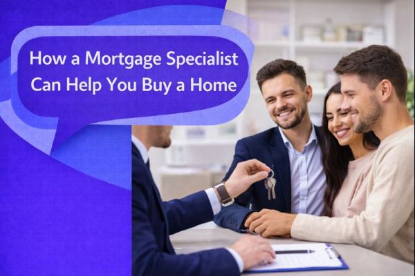 How a Mortgage Specialist Can Help You Buy a Home graphic showing a mortgage adviser handing house keys to a smiling couple in an office, with a unique dark blue and light blue speech bubble containing Open Sans text “How a Mortgage Specialist Can Help You Buy a Home”.