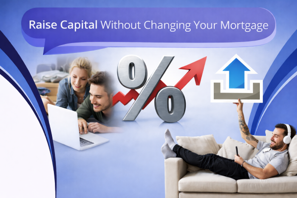 Blue branded graphic with a large speech bubble reading “Raise Capital Without Changing Your Mortgage”. Below, a smiling couple use a laptop on the left, a large silver percent symbol with a red upward arrow appears in the centre, and a man relaxes on a sofa on the right holding a phone and pointing to an upward arrow icon. Curved blue design elements frame the edges on a white background.