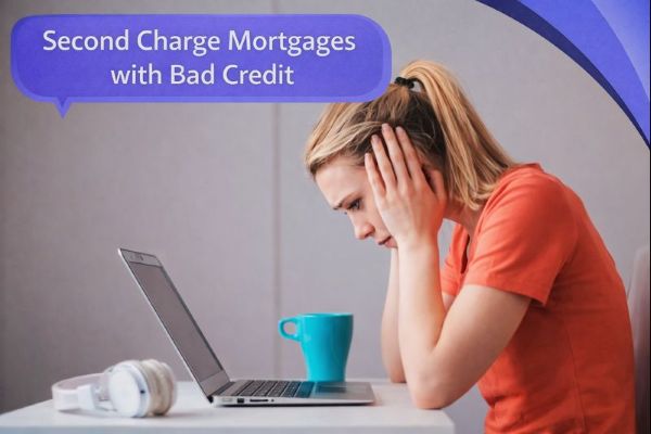 A worried woman sits at a desk with her hands on her head, looking at an open laptop, with a mug and headphones nearby. A blue speech bubble in Open Sans reads “Second Charge Mortgages with Bad Credit,” with curved blue Connect Mortgages brand accents in the top-right corner.