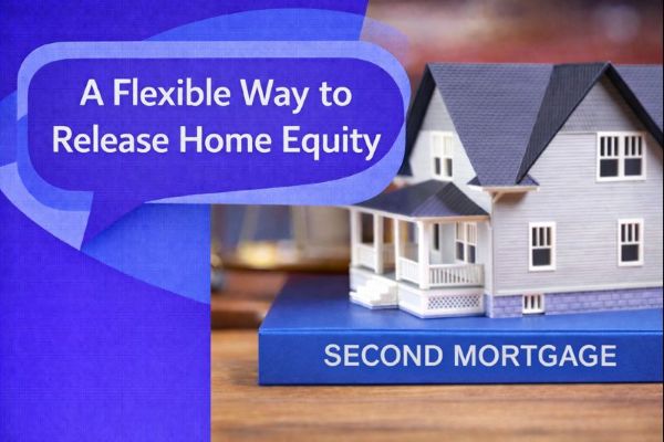 Second Mortgage graphic showing a model house placed on a light blue block labelled “Second Mortgage”, with a unique dark blue and light blue speech bubble containing Open Sans text “A Flexible Way to Release Home Equity”.