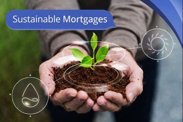 Hands gently cup soil with a small green plant growing from it, surrounded by subtle eco-themed graphic icons representing water, air, and sunlight. A blue speech bubble in Open Sans reads “Sustainable Mortgages,” with curved blue Connect Mortgages brand accents in the top-right corner.