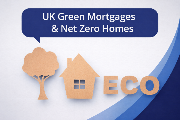 A blue and white branded graphic with a dark blue speech bubble reading “UK Green Mortgages & Net Zero Homes”. Below, tan cut-out shapes of a tree, a house, and the word “ECO” sit on a light textured background with curved blue accents.