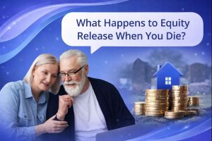 What Happens to Equity Release When You Die? graphic showing an older couple reviewing information together on a sofa, with a dark blue and light blue speech bubble containing the Open Sans title, plus a house icon and stacks of coins to represent equity release and inheritance.