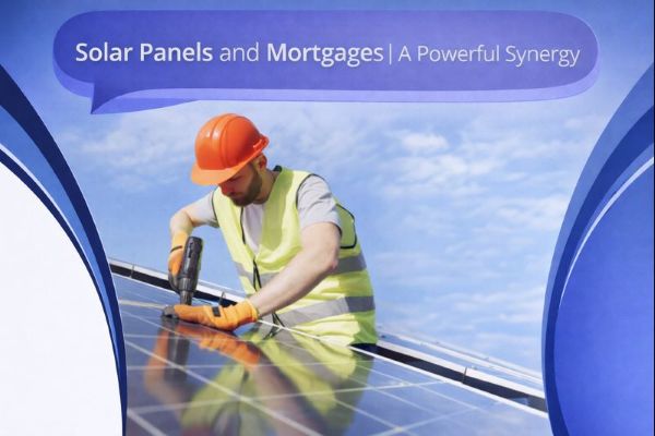 Blue branded graphic with a dark blue speech bubble reading “Solar Panels and Mortgages | A Powerful Synergy”. Below, a worker in an orange hard hat and hi-vis vest uses a power tool while installing solar panels on a roof under a blue sky. Curved blue design elements frame the edges on a white background.