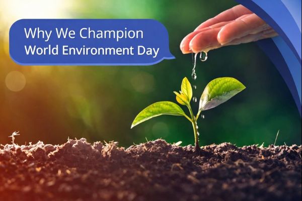 A small green seedling grows from dark soil while a hand above drips water onto the leaves. A blue speech bubble in Open Sans reads “Why We Champion World Environment Day,” with curved blue Connect Mortgages brand accents in the top-right corner.