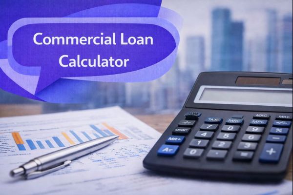 Commercial Loan Calculator graphic showing a calculator on financial paperwork with charts and a pen, with a blurred city skyline in the background, and a unique dark blue and light blue speech bubble containing Open Sans text “Commercial Loan Calculator”.