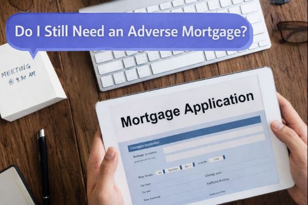 A person holds a tablet showing a “Mortgage Application” form above a wooden desk with a white keyboard, pen, and a note that says “MEETING @ 9.30 AM.” A blue speech bubble in Open Sans reads “Do I Still Need an Adverse Mortgage?” with curved blue Connect Mortgages brand accents in the top-right corner.