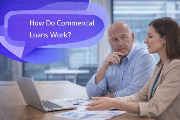 How Do Commercial Loans Work? graphic showing two professionals discussing documents beside a laptop in an office, with a unique dark blue and light blue speech bubble containing Open Sans text “How Do Commercial Loans Work?”.