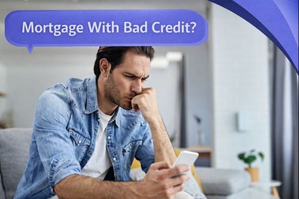 A worried man sits on a sofa in a bright living room, looking at his phone with his hand against his mouth. A blue speech bubble in Open Sans reads “Mortgage With Bad Credit?” with curved blue Connect Mortgages brand accents in the top-right corner.