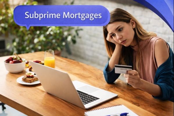 A woman sits at a wooden table in a bright kitchen or dining space, looking concerned while holding a bank card beside an open laptop. A blue speech bubble in Open Sans reads “Subprime Mortgages,” with curved blue Connect Mortgages brand accents in the top-right corner.
