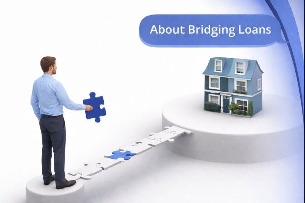 A branded graphic shows a realistic man standing on the left holding a blue jigsaw piece, facing a white jigsaw bridge that leads to a blue-toned house on a raised circular platform. A Connect Mortgages-style blue speech bubble reads “About Bridging Loans”, with curved brand colour arcs running down the right-hand edge on a clean white background.