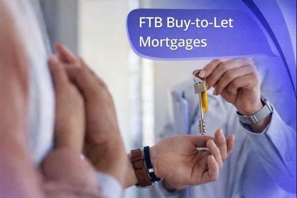 A close-up scene of a person handing over a set of house keys to someone reaching out, with a large blue speech-bubble title reading “FTB Buy-to-Let Mortgages” and Connect Mortgages-style curved blue branding on the right side.