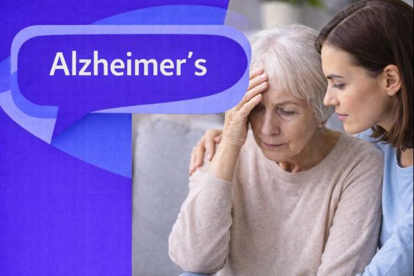 Alzheimer’s graphic showing an older woman looking worried with her hand on her forehead while a younger woman supports her, with a unique dark blue and light blue speech bubble containing Open Sans text “Alzheimer’s”.