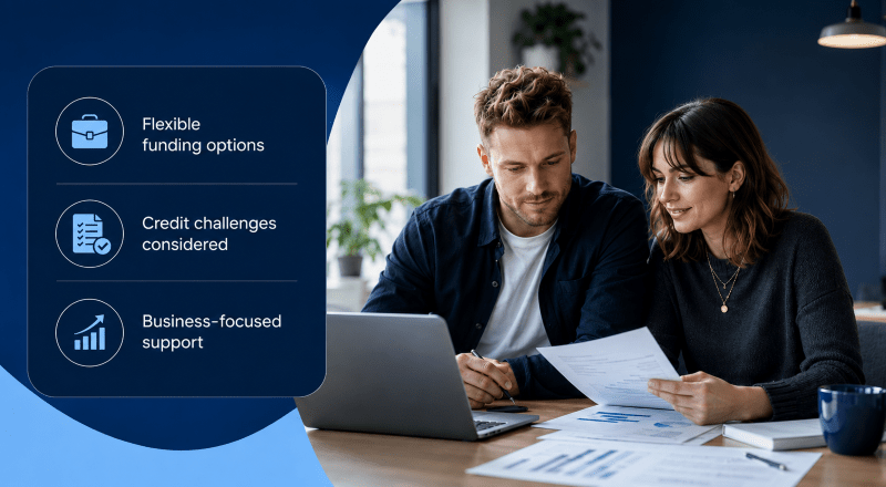 Young couple reviewing mortgage documents with icons for low deposit support, shared ownership options and eligibility explained, representing Government-backed business loans