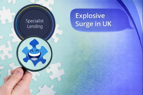 A branded graphic showing a hand holding a magnifying glass over a smiling jigsaw puzzle piece in Connect Mortgages’ blue colour palette, with a circular “Specialist Lending” badge on the left and a speech-bubble headline reading “Explosive Surge in UK” on the right, over a soft background of pale puzzle shapes and blue gradient branding curves.