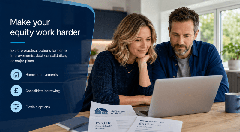 How Rising Property Value Can Change Your Remortgage Options: couple reviewing home equity and remortgage options on a laptop.