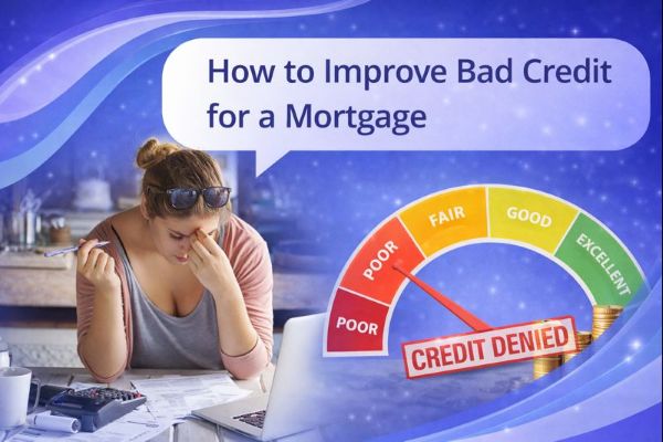 Person looking stressed while reviewing bills and paperwork at a kitchen table with a laptop and calculator, representing How to Improve Bad Credit for a Mortgage
