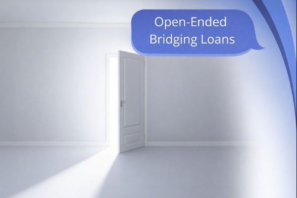 A bright, minimal room with a partially open white door letting in soft light, symbolising opportunity and transition. On the right side, curved blue Connect Mortgages brand shapes frame a blue speech bubble reading “Open-Ended Bridging Loans,” presented in a clean 600x300 banner layout.