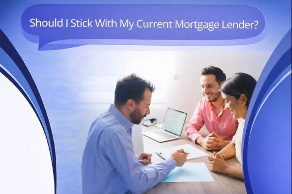 Blue branded graphic with a dark blue speech bubble reading “Should I Stick With My Current Mortgage Lender?”. Below, a mortgage adviser sits at a desk speaking with a couple, with a laptop open and paperwork on the table. Curved blue design elements frame the edges on a white background.