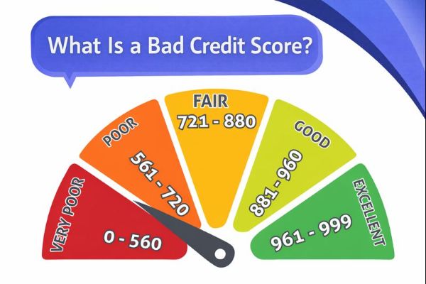 A colour-coded credit score gauge ranges from “Very Poor 0–560” through “Poor 561–720,” “Fair 721–880,” “Good 881–960,” and “Excellent 961–999,” with the pointer aimed at the “Very Poor” section. Above it, a blue speech bubble in Open Sans reads “What Is a Bad Credit Score?” with curved blue Connect Mortgages brand accents in the top-right corner.